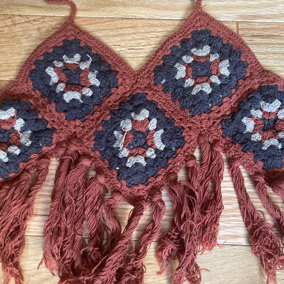 Hippie California Crochet Bohemian Rust/Sage/Cream Crop Tie Top S - Picture 5 of 9